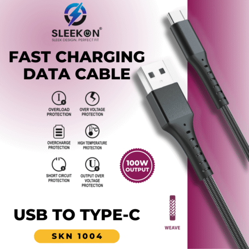 SLEEKON SKN 1004 USB to Type-C 100W Fast Charging Data Cable | Durable Braided & Safe